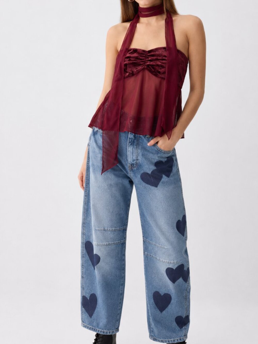 3 Piece SET: Flocked flowers mesh scarf, tube top, & heart contrast barrel jeans